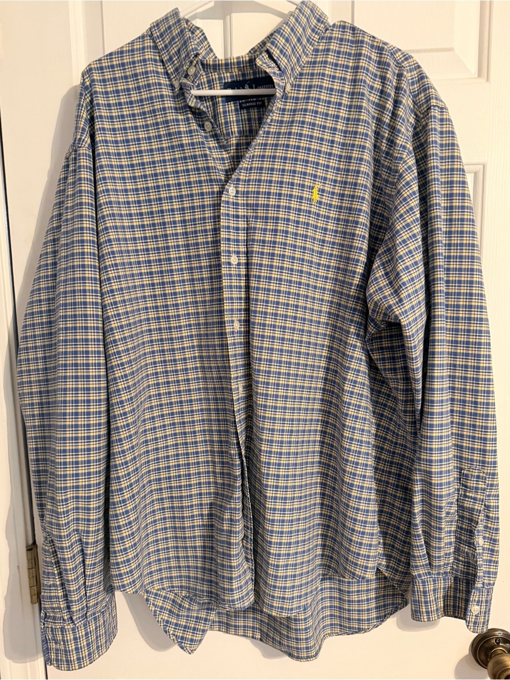 Ralph Lauren Blue and White Plaid Button-Down Shirt with Yellow Pony Embroidery